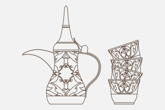 Arab Coffee Pot and Cups Stack: A Cultural Icon in Digital Illustration