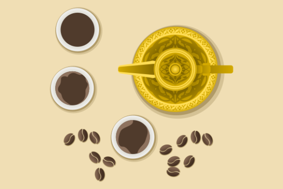 Top View Arab Coffee with Roasted Beans: A Visual Asset for Cultural and Commercial Projects