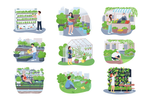 Urban Gardening 2D Vector Characters